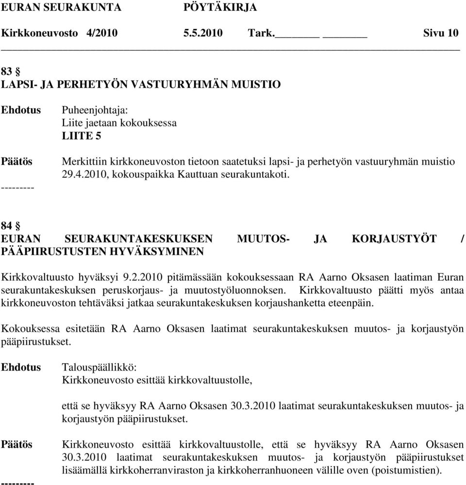 2010, kokouspaikka Kauttuan seurakuntakoti. 84 EURAN SEURAKUNTAKESKUKSEN MUUTOS- JA KORJAUSTYÖT / PÄÄPIIRUSTUSTEN HYVÄKSYMINEN Kirkkovaltuusto hyväksyi 9.2.2010 pitämässään kokouksessaan RA Aarno Oksasen laatiman Euran seurakuntakeskuksen peruskorjaus- ja muutostyöluonnoksen.