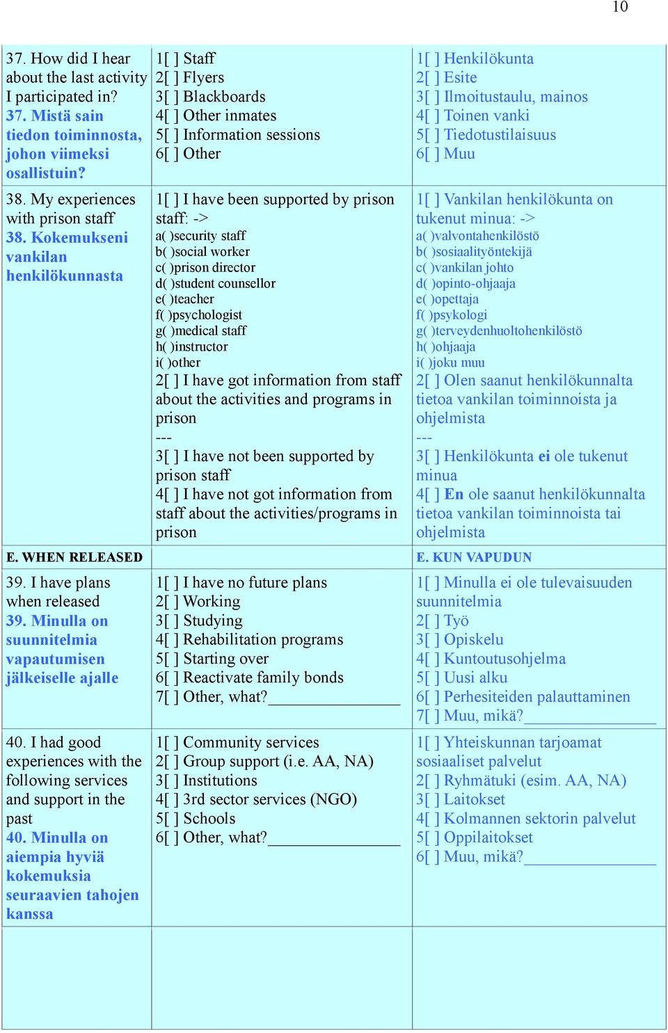 b( )social worker c( )prison director d( )student counsellor e( )teacher f( )psychologist g( )medical staff h( )instructor i( )other 2[ ] I have got information from staff about the activities and