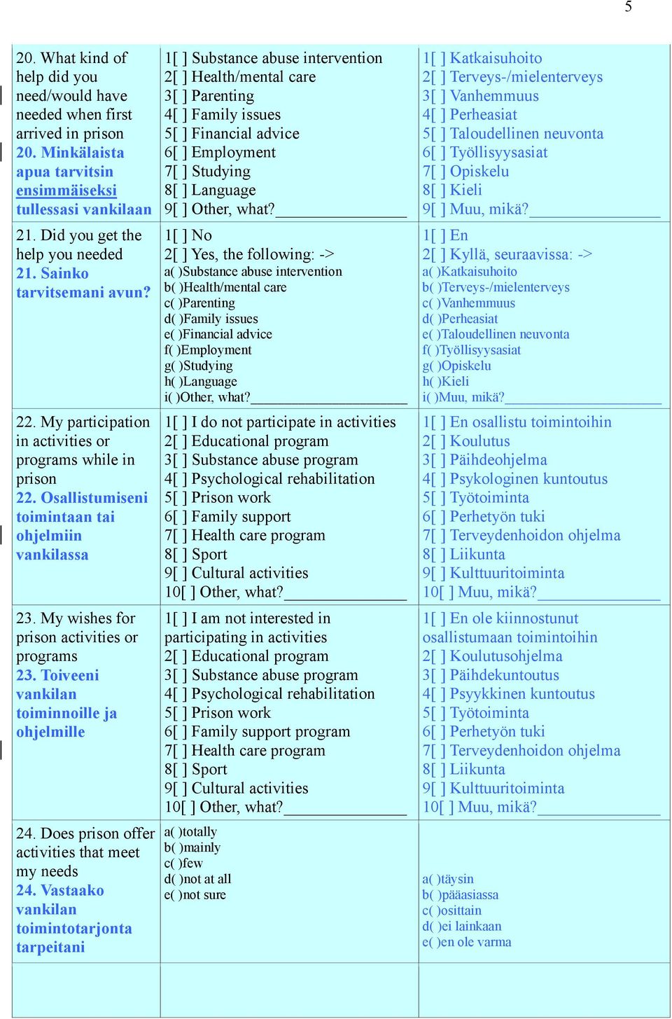 Toiveeni vankilan toiminnoille ja ohjelmille 24. Does prison offer activities that meet my needs 24.