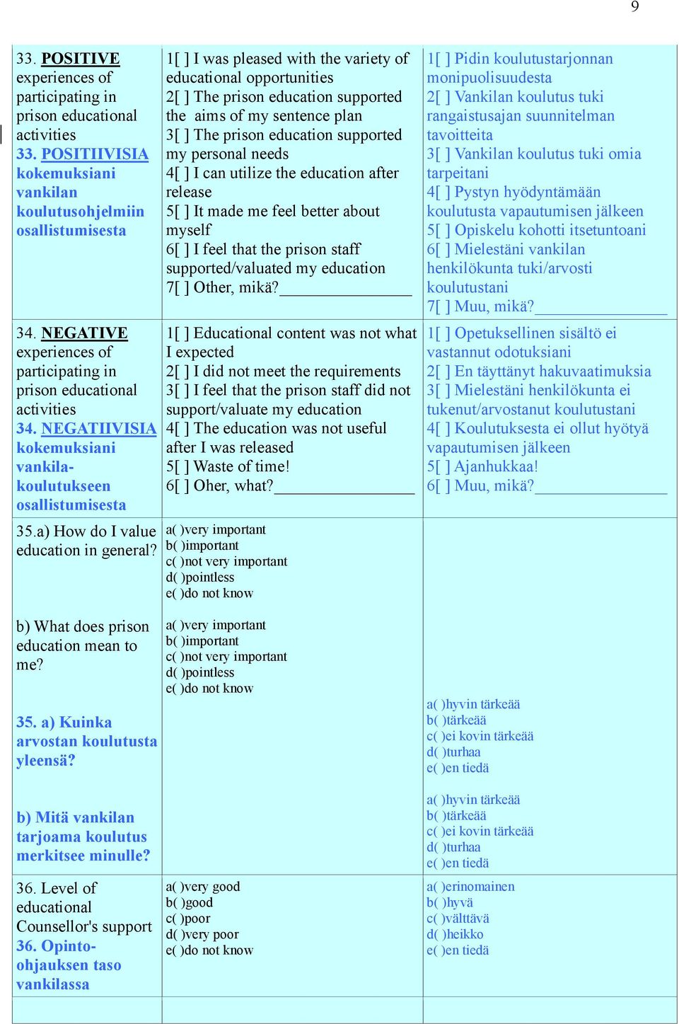 b) What does prison education mean to me? 35. a) Kuinka arvostan koulutusta yleensä?