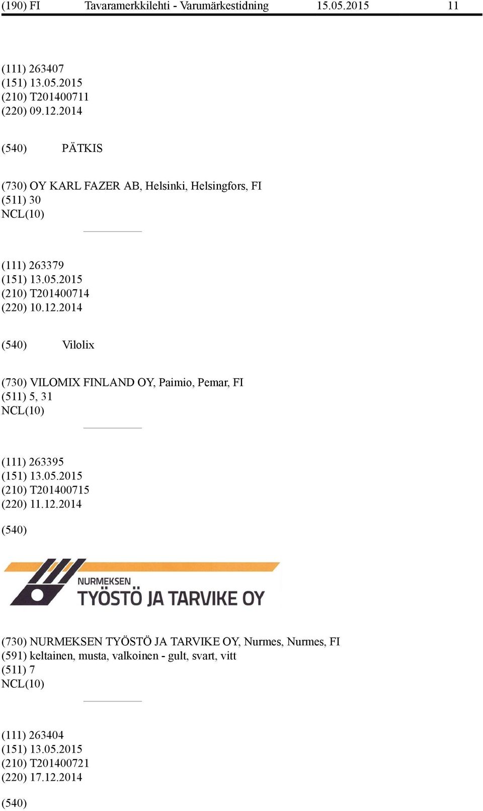 12.2014 Vilolix (730) VILOMIX FINLAND OY, Paimio, Pemar, FI (511) 5, 31 (111) 263395 (210) T201400715 (220)