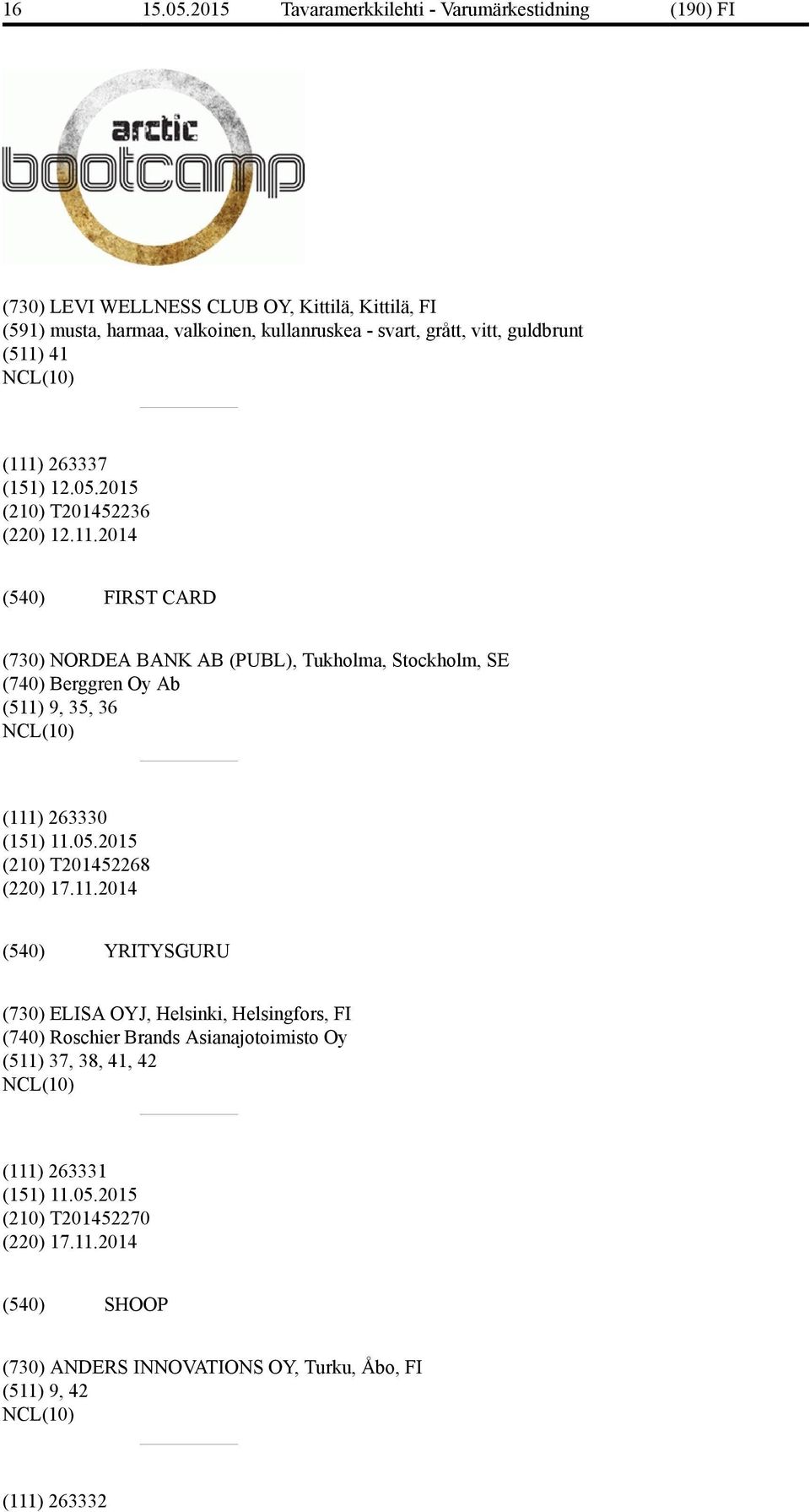 2014 FIRST CARD (730) NORDEA BANK AB (PUBL), Tukholma, Stockholm, SE (740) Berggren Oy Ab (511) 9, 35, 36 (111) 263330 (151) 11.05.