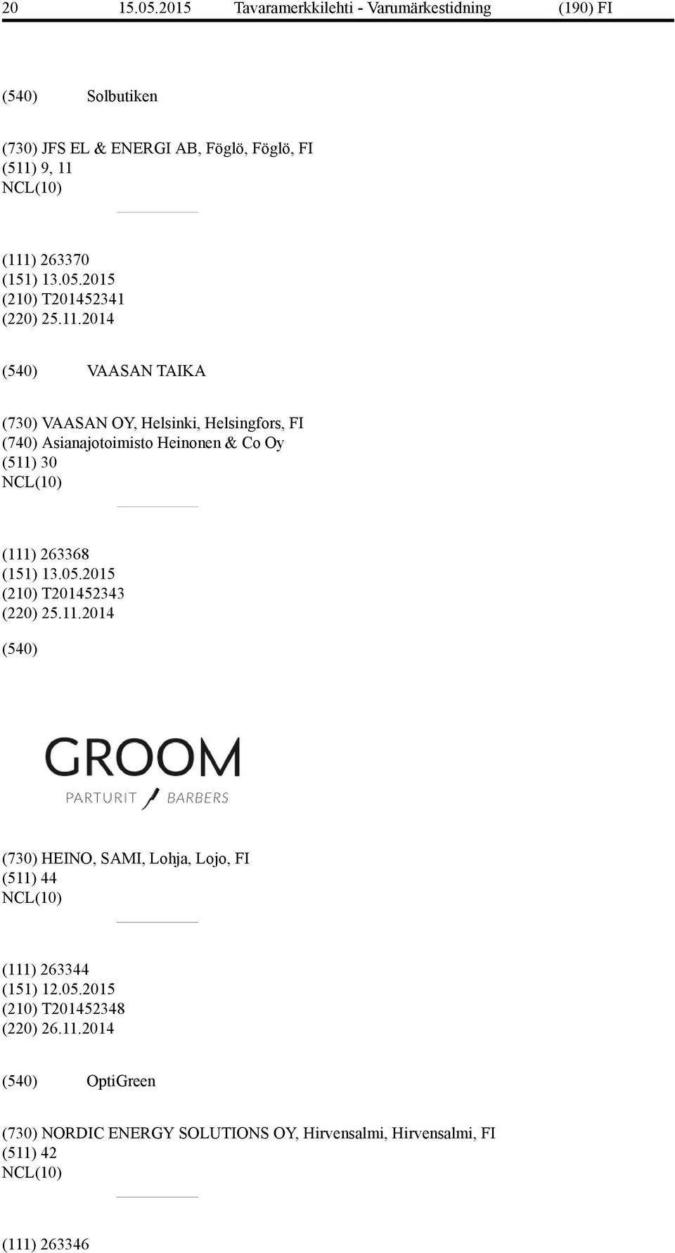 (111) 263370 (210) T201452341 (220) 25.11.2014 VAASAN TAIKA (730) VAASAN OY, Helsinki, Helsingfors, FI (740)