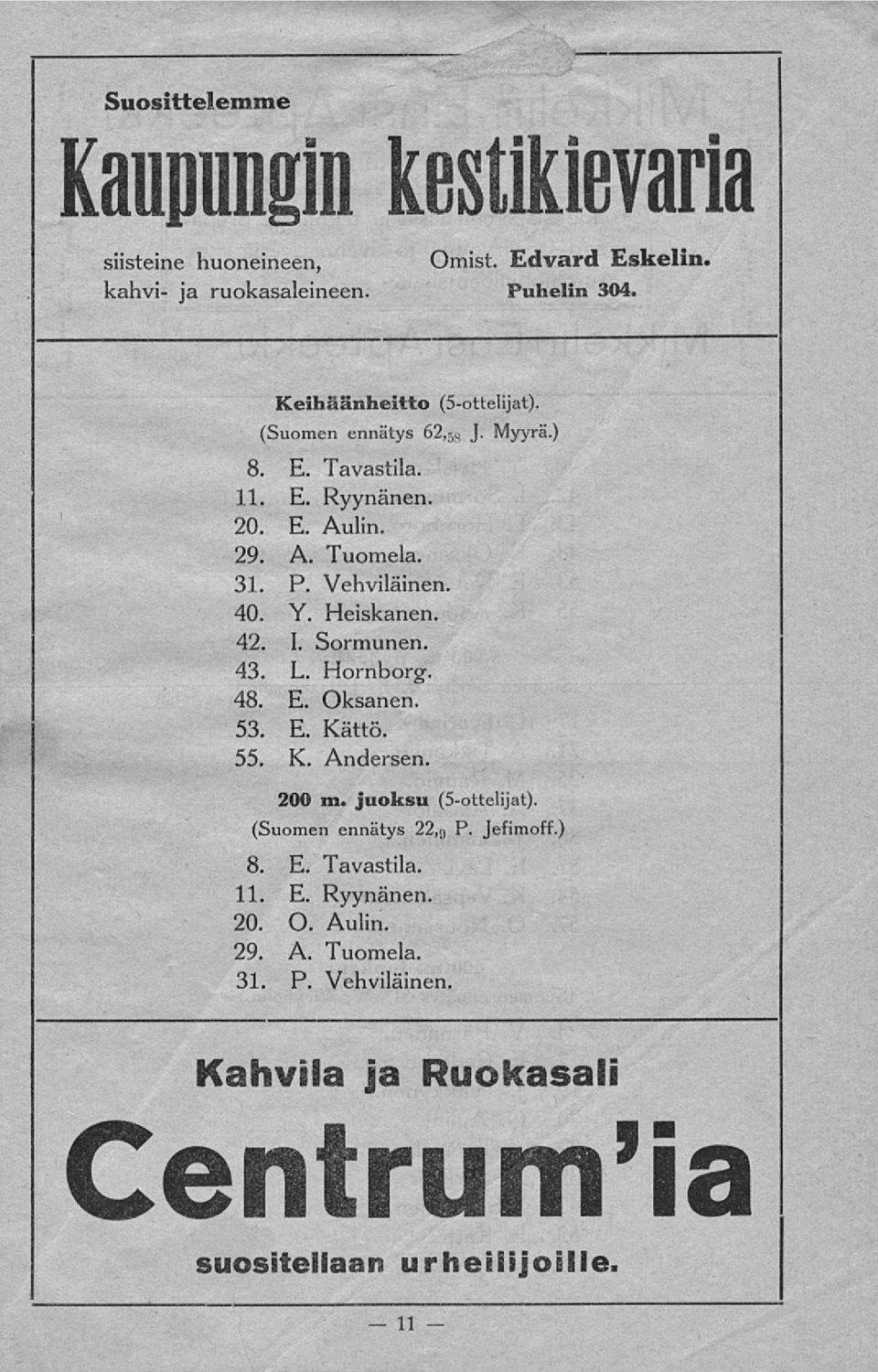 Heiskanen. 42. I. Sormunen. 43. L. Hornborg. 48. E. Oksanen. 53. E. Kättö. 55. K. Andersen. 200 m. juoksu (5-ottelijat).