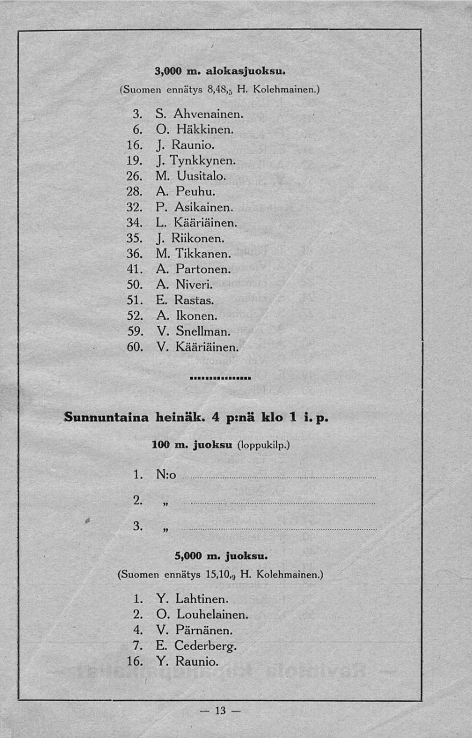 Rastas. 52. A. Ikonen. 59. V. Snellman. 60. V. Kääriäinen. Sunnuntaina heinäk. 4 p:nä klo 1 i. p. 100 m. juoksu (loppukilp.) 1. N:o 2.