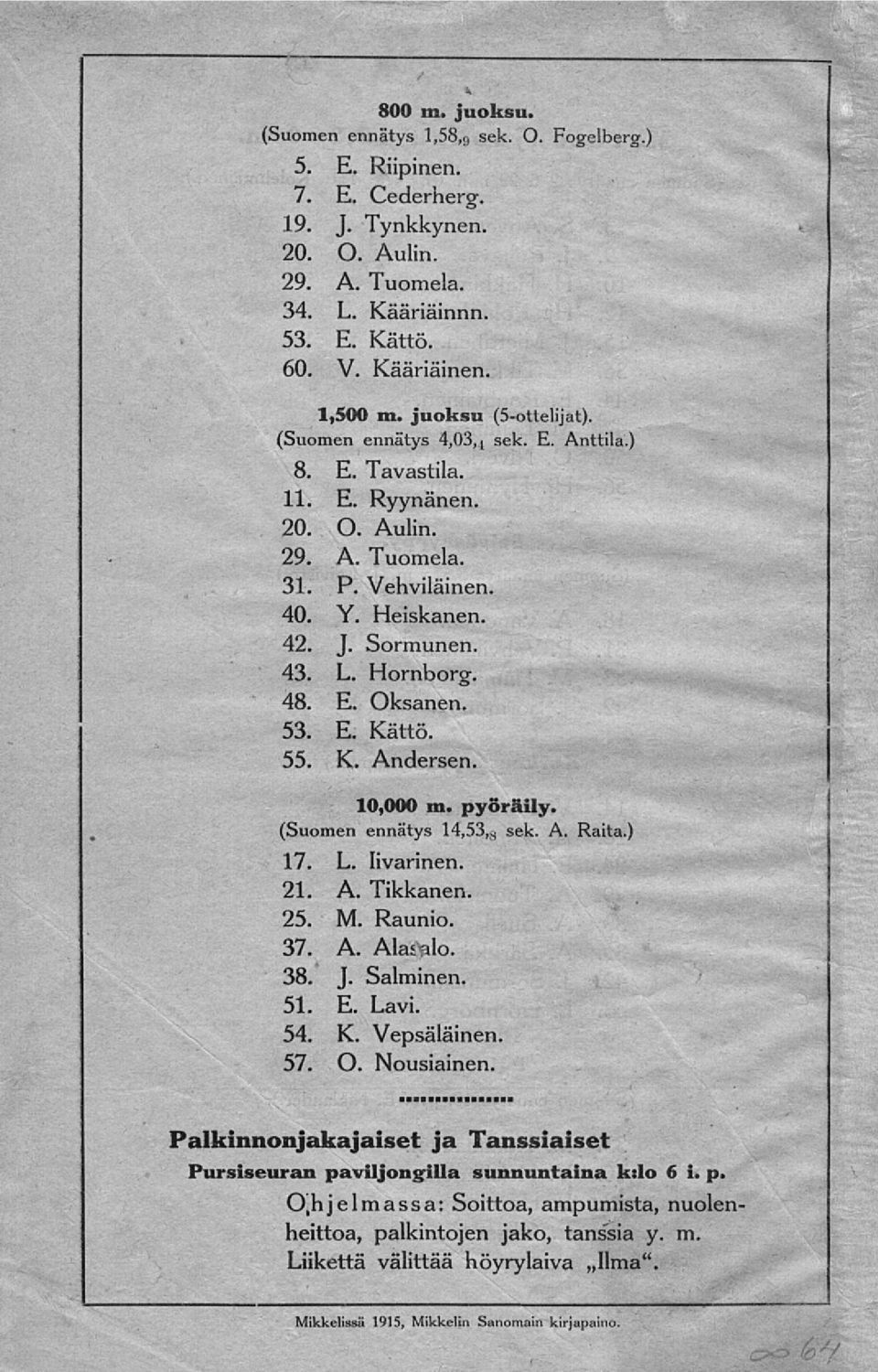 53. E. Kättö. 55. K. Andersen. 10,000 m. pyöräily. (Suomen ennätys 14,53, 8 sek. A. Raita.) 17. L. livarinen. 21. A. Tikkanen. 25. M. Raunio. 37. A. Ala^lo. 38. 51. J. Salminen. E. Lavi. 54. K. Vepsäläinen 57.