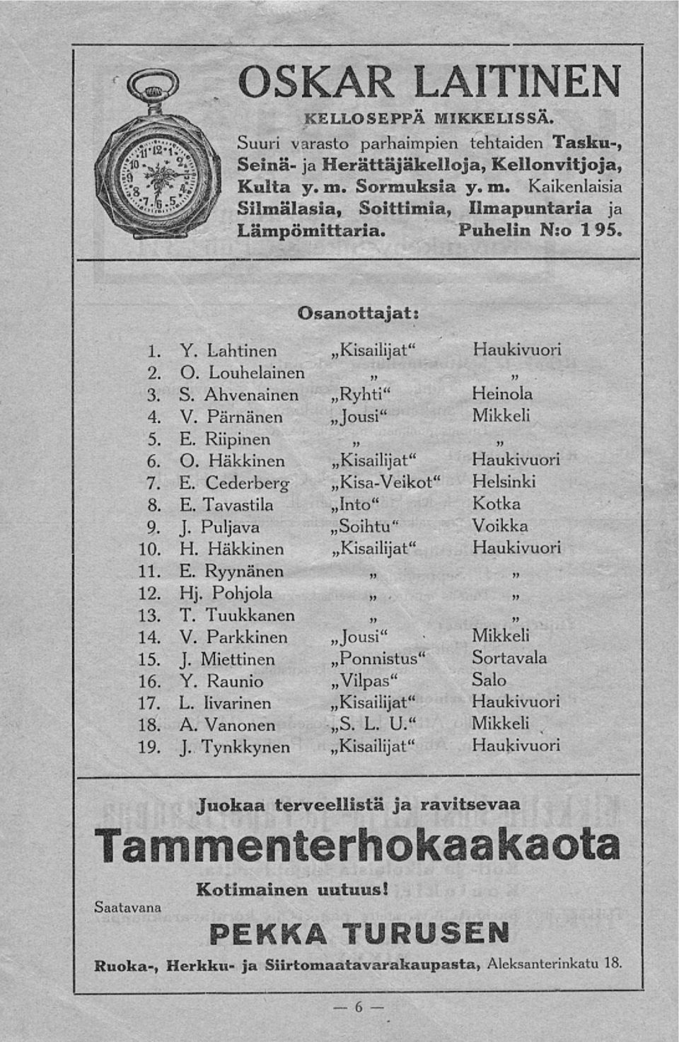 V. Pärnänen Jousi" Mikkeli 5. E. Riipinen 6. O. Häkkinen Kisailijat" Haukivuori 7. E. Cederberg Kisa-Veikot" Helsinki 8. E. Tavastila Into" Kotka 9. J. Puljava»Soihtu" Voikka 10. H. Häkkinen Kisailijat" Haukivuori 11.