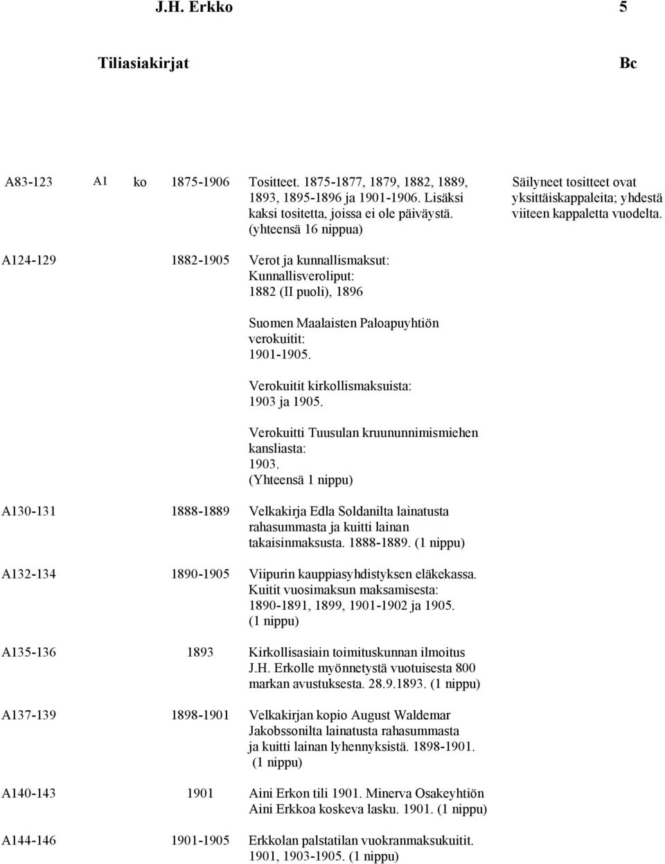 (yhteensä 16 nippua) A124-129 1882-1905 Verot ja kunnallismaksut: Kunnallisveroliput: 1882 (II puoli), 1896 Suomen Maalaisten Paloapuyhtiön verokuitit: 1901-1905.