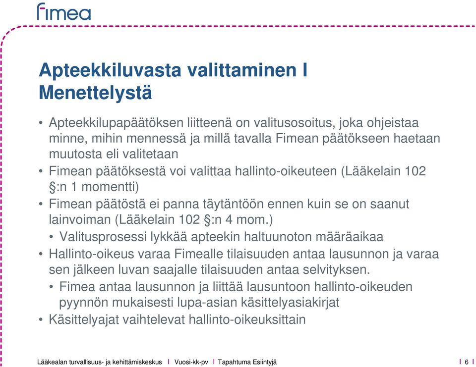 ) Valitusprosessi lykkää apteekin haltuunoton määräaikaa Hallinto-oikeus varaa Fimealle tilaisuuden antaa lausunnon ja varaa sen jälkeen luvan saajalle tilaisuuden antaa selvityksen.