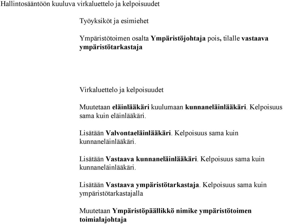 Lisätään Valvontaeläinlääkäri. Kelpoisuus sama kuin kunnaneläinlääkäri. Lisätään Vastaava kunnaneläinlääkäri.