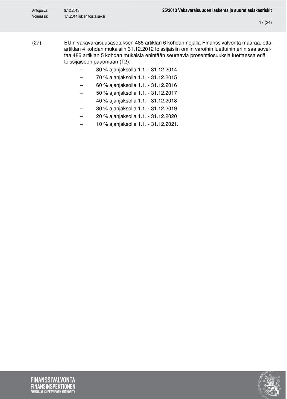 toissijaiseen pääomaan (T2): 80 % ajanjaksolla 1.1. - 31.12.2014 70 % ajanjaksolla 1.1. - 31.12.2015 60 % ajanjaksolla 1.1. - 31.12.2016 50 % ajanjaksolla 1.