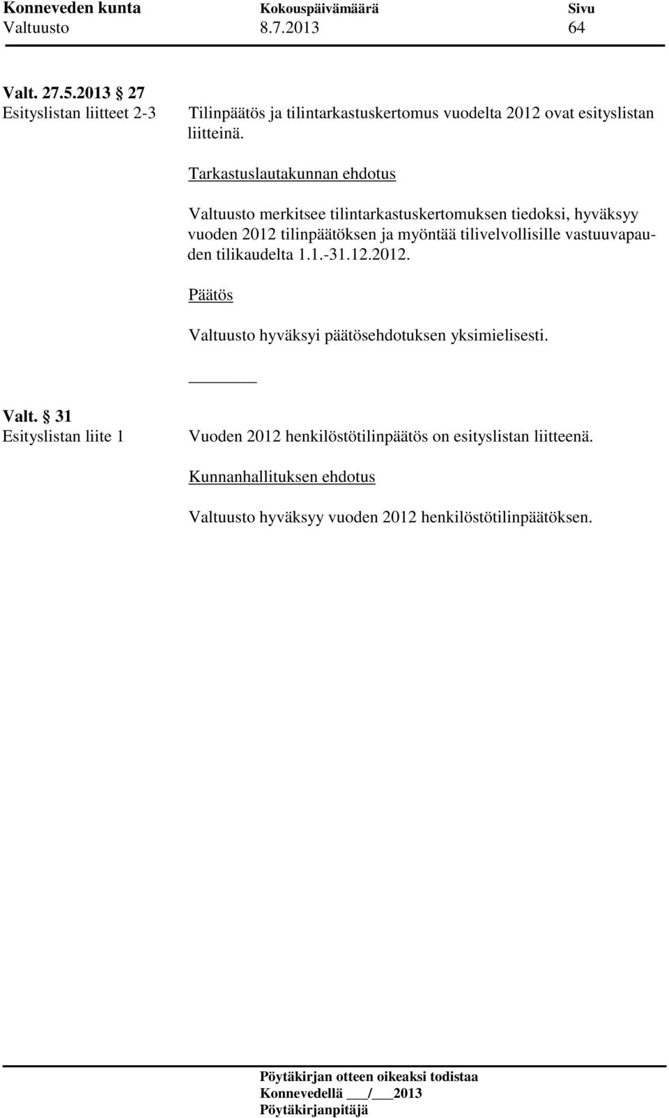 Tarkastuslautakunnan ehdotus Valtuusto merkitsee tilintarkastuskertomuksen tiedoksi, hyväksyy vuoden 2012 tilinpäätöksen ja myöntää