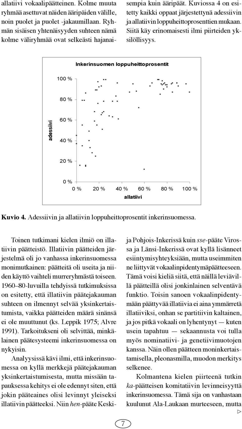 Kuviossa 4 on esitetty kaikki oppaat järjestettynä adessiivin ja allatiivin loppuheittoprosenttien mukaan. Siitä käy erinomaisesti ilmi piirteiden yksilöllisyys.