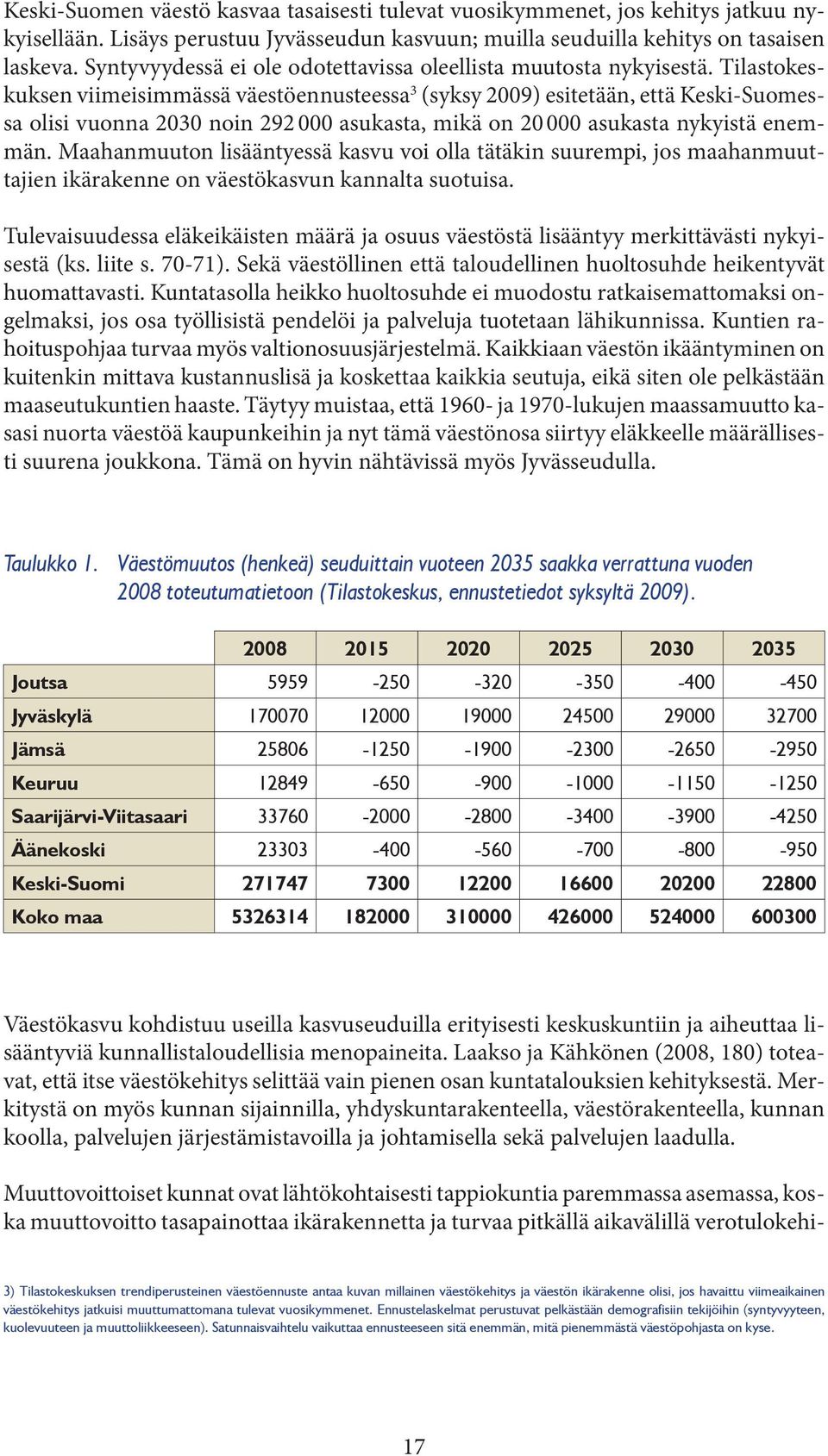 Tilastokeskuksen viimeisimmässä väestöennusteessa 3 (syksy 2009) esitetään, että Keski-Suomessa olisi vuonna 2030 noin 292 000 asukasta, mikä on 20 000 asukasta nykyistä enemmän.