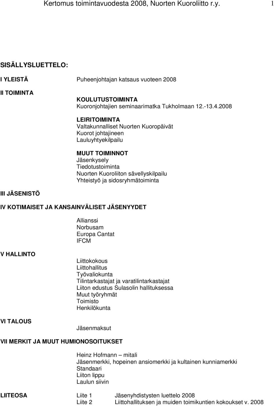 2008 LEIRITOIMINTA Valtakunnalliset Nuorten Kuoropäivät Kuorot johtajineen Lauluyhtyekilpailu MUUT TOIMINNOT Jäsenkysely Tiedotustoiminta Nuorten Kuoroliiton sävellyskilpailu Yhteistyö ja