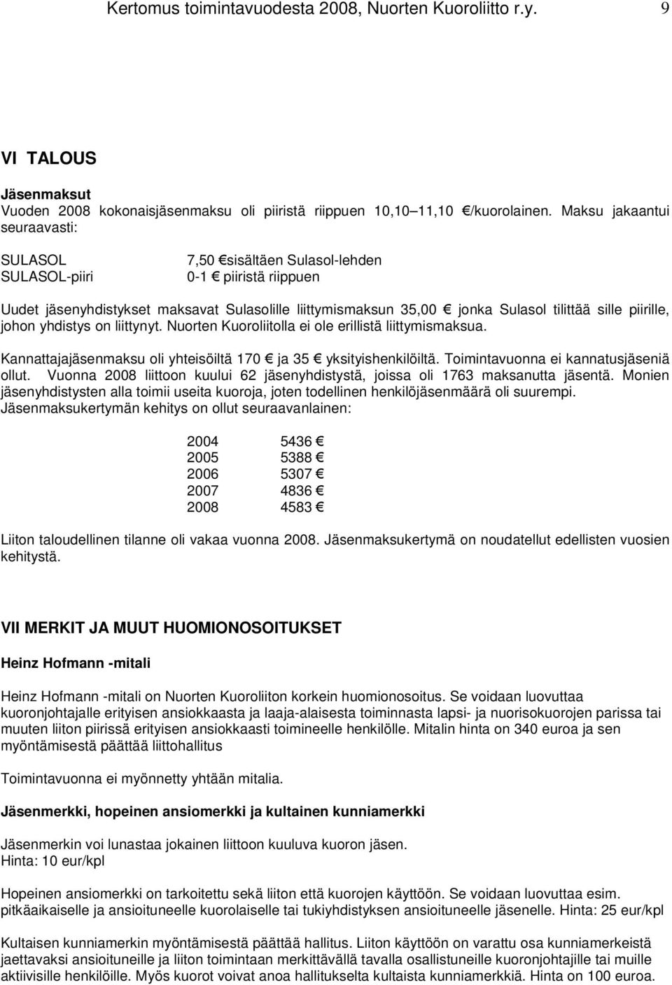 piirille, johon yhdistys on liittynyt. Nuorten Kuoroliitolla ei ole erillistä liittymismaksua. Kannattajajäsenmaksu oli yhteisöiltä 170 ja 35 yksityishenkilöiltä.