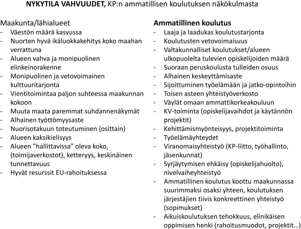 toteutuminen (osittain) - Alueen kaksikielisyys - Alueen hallittavissa oleva koko, (toimijaverkostot), ketteryys, keskinäinen tunnettavuus - Hyvät resurssit EU-rahoituksessa Ammatillinen koulutus -