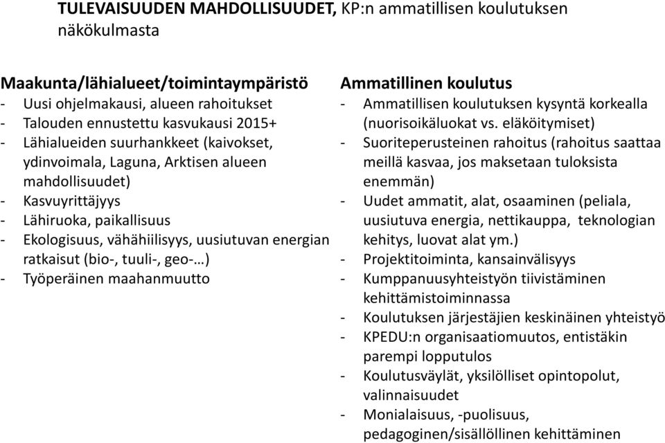 (bio-, tuuli-, geo- ) - Työperäinen maahanmuutto Ammatillinen koulutus - Ammatillisen koulutuksen kysyntä korkealla (nuorisoikäluokat vs.