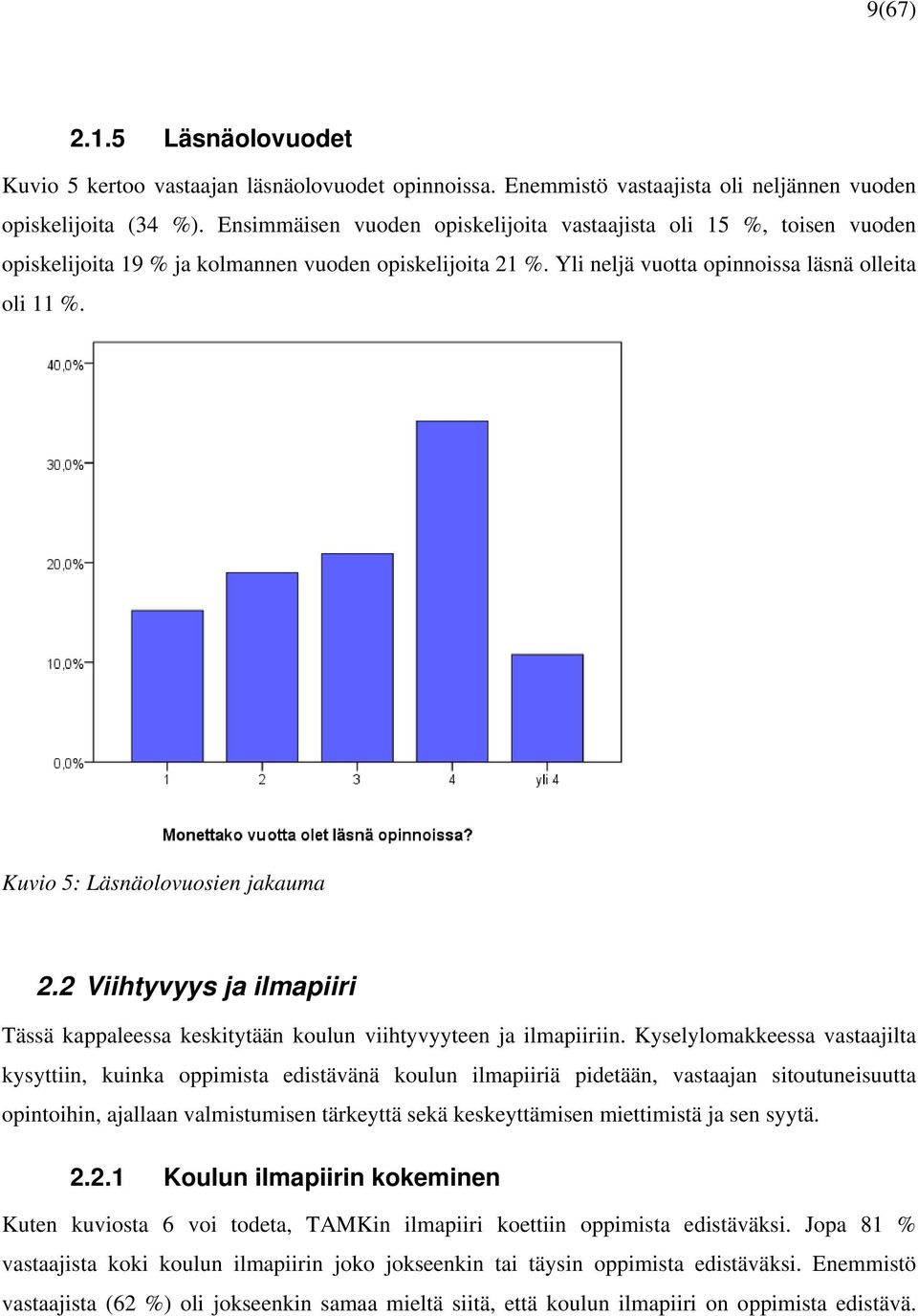 Kuvio 5: Läsnäolovuosien jakauma 2.2 Viihtyvyys ja ilmapiiri Tässä kappaleessa keskitytään koulun viihtyvyyteen ja ilmapiiriin.