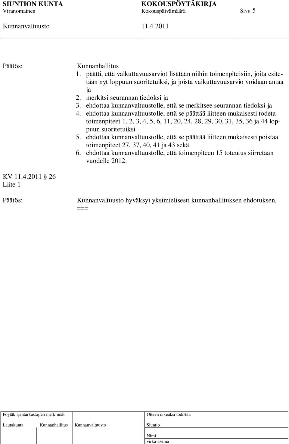 ehdottaa kunnanvaltuustolle, että se päättää liitteen mukaisesti todeta toimenpiteet 1, 2, 3, 4, 5, 6, 11, 20, 24, 28, 29, 30, 31, 35, 36 ja 44 loppuun suoritetuiksi 5.