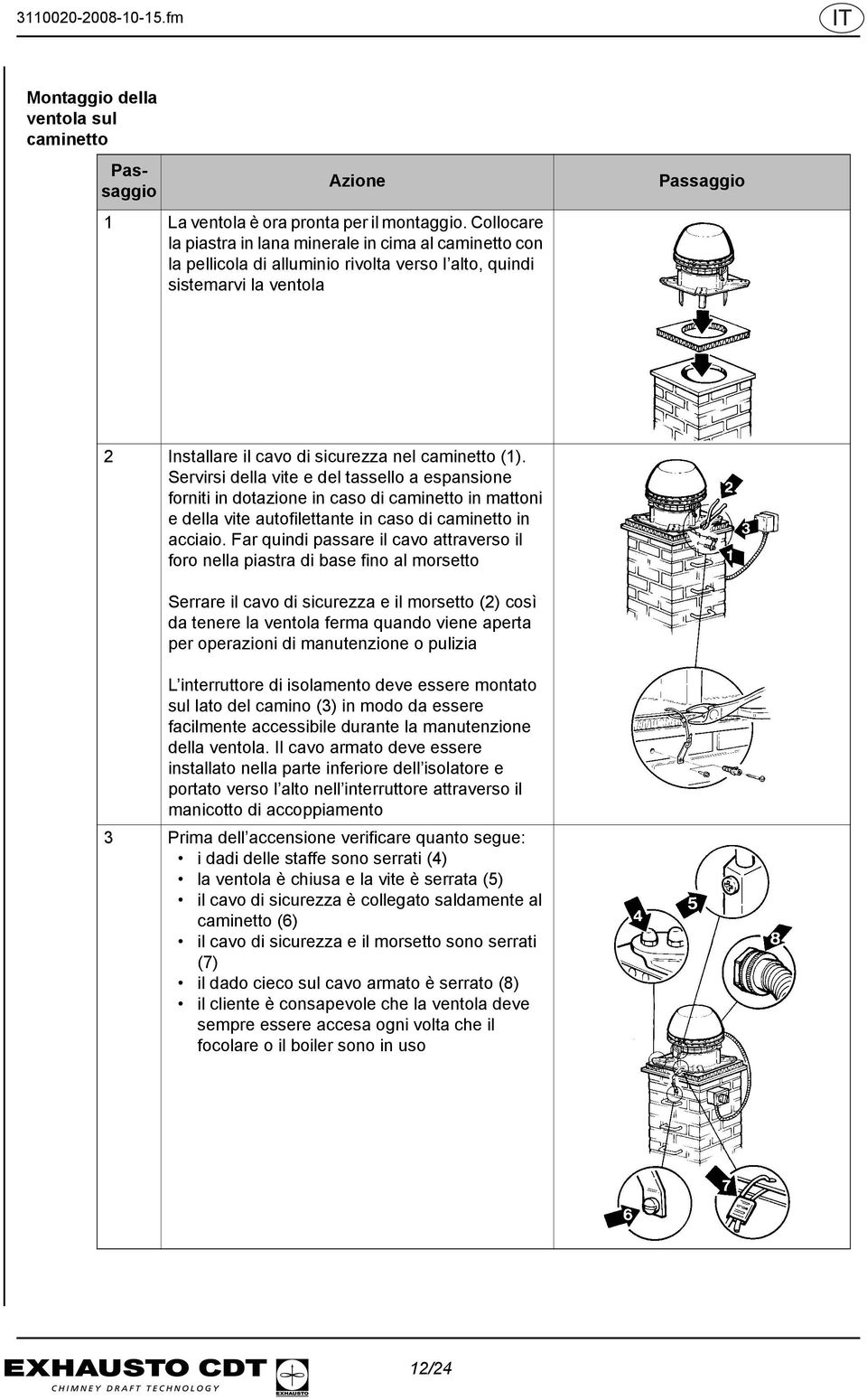 (1). Servirsi della vite e del tassello a espansione forniti in dotazione in caso di caminetto in mattoni e della vite autofilettante in caso di caminetto in acciaio.