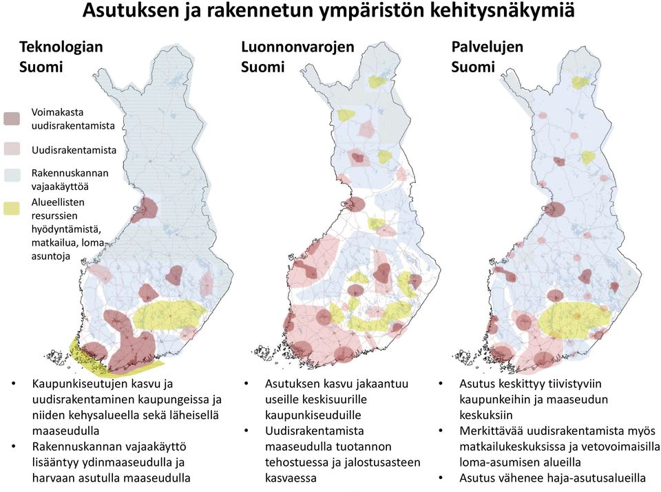 lisääntyy ydinmaaseudulla ja harvaan asutulla maaseudulla Asutuksen kasvu jakaantuu useille keskisuurille kaupunkiseuduille Uudisrakentamista maaseudulla tuotannon tehostuessa ja jalostusasteen