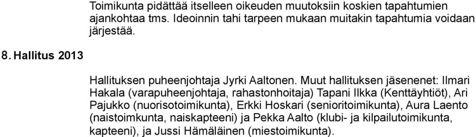 Muut hallituksen jäsenenet: Ilmari Hakala (varapuheenjohtaja, rahastonhoitaja) Tapani Ilkka (Kenttäyhtiöt), Ari Pajukko