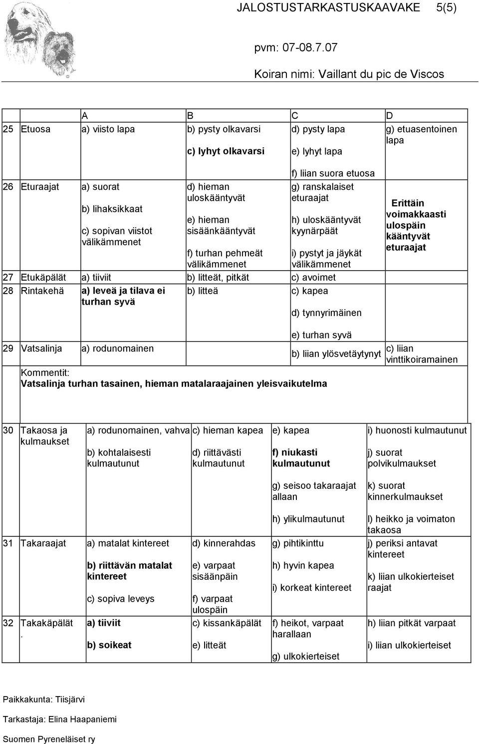 välikämmenet 27 Etukäpälät a) tiiviit b) litteät, pitkät c) avoimet 28 Rintakehä a) leveä ja tilava ei b) litteä c) kapea turhan syvä d) tynnyrimäinen Erittäin voimakkaasti ulospäin kääntyvät