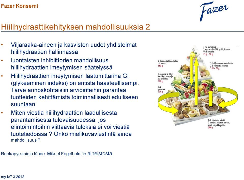 Tarve annoskohtaisiin arviointeihin parantaa tuotteiden kehittämistä toiminnallisesti edulliseen suuntaan Miten viestiä hiilihydraattien laadullisesta