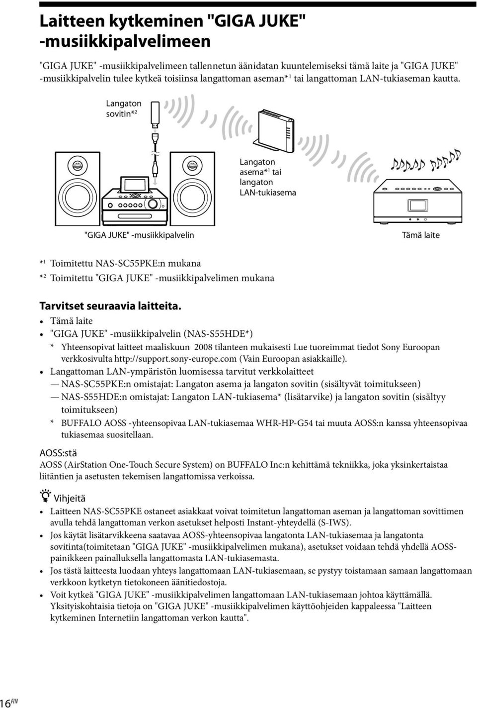 Langaton sovitin* 2 Langaton asema* 1 tai langaton LAN-tukiasema "GIGA JUKE" -musiikkipalvelin Tämä laite * 1 Toimitettu NAS-SC55PKE:n mukana * 2 Toimitettu "GIGA JUKE" -musiikkipalvelimen mukana