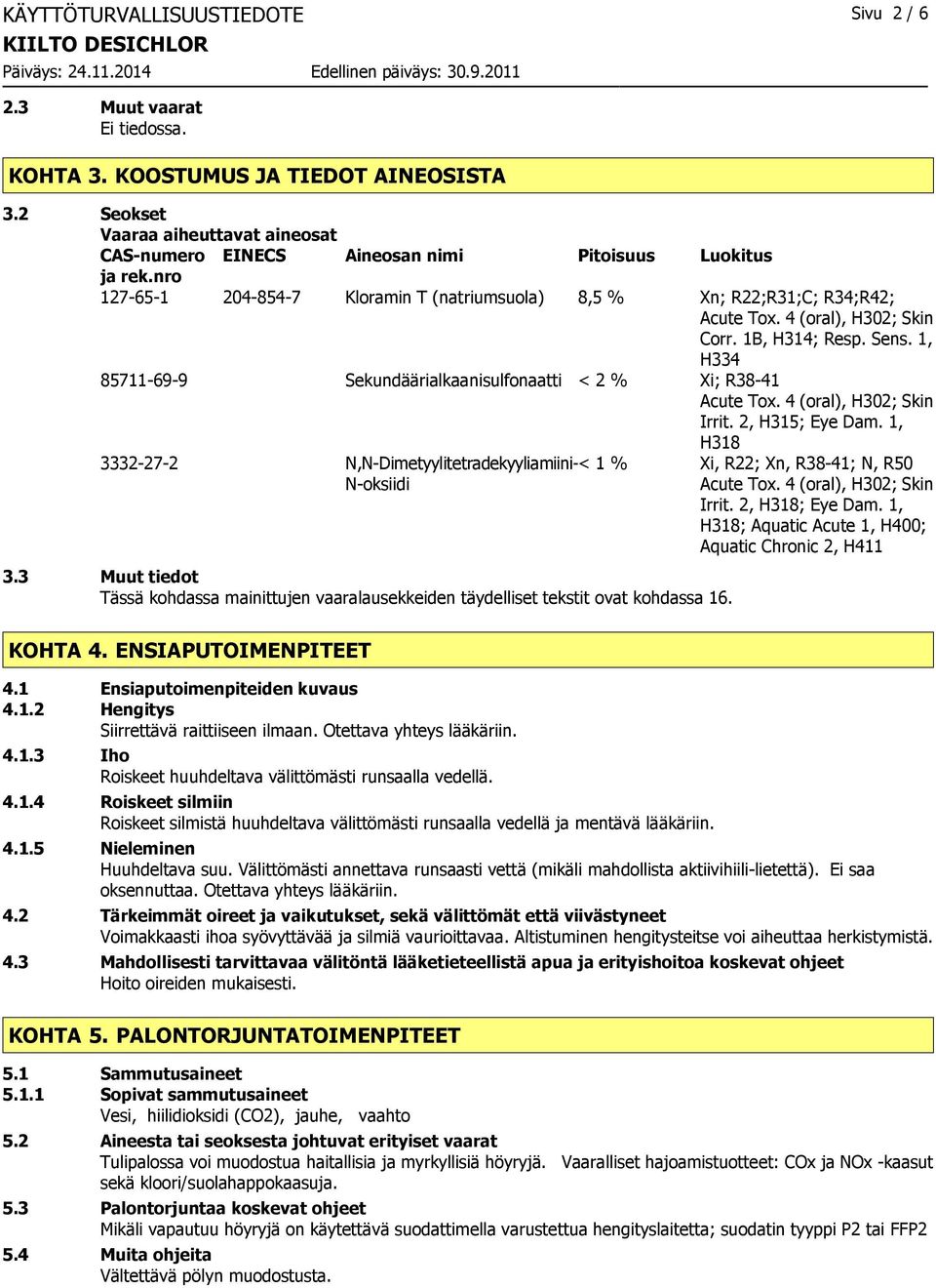 1, H334 85711-69-9 Sekundäärialkaanisulfonaatti < 2 % Xi; R38-41 Acute Tox. 4 (oral), H302; Skin Irrit. 2, H315; Eye Dam.