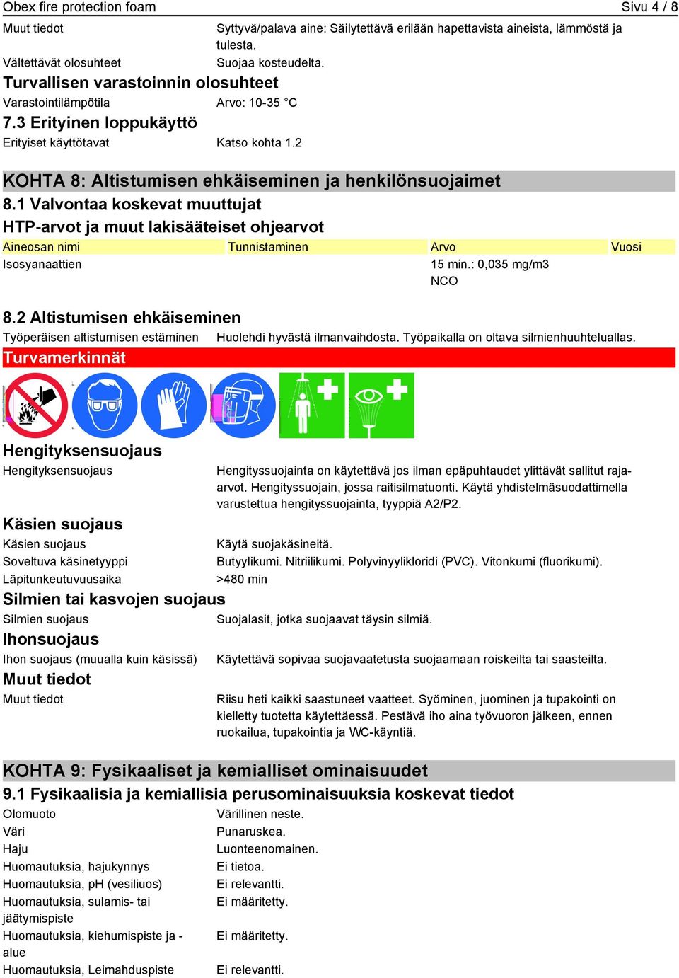 1 Valvontaa koskevat muuttujat HTP-arvot ja muut lakisääteiset ohjearvot Aineosan nimi Tunnistaminen Arvo Vuosi Isosyanaattien 15 min.: 0,035 mg/m3 NCO 8.