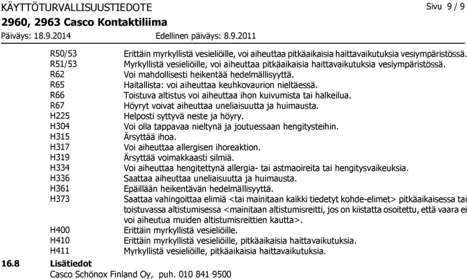 R65 Haitallista: voi aiheuttaa keuhkovaurion nieltäessä. R66 Toistuva altistus voi aiheuttaa ihon kuivumista tai halkeilua. R67 Höyryt voivat aiheuttaa uneliaisuutta ja huimausta.