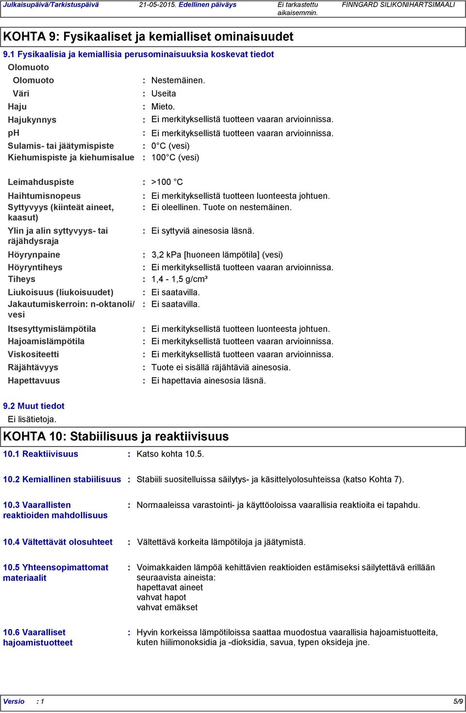 aineet, kaasut) Höyrynpaine Höyryntiheys Tiheys Liukoisuus (liukoisuudet) Jakautumiskerroin noktanoli/ vesi Itsesyttymislämpötila Hajoamislämpötila Nestemäinen.