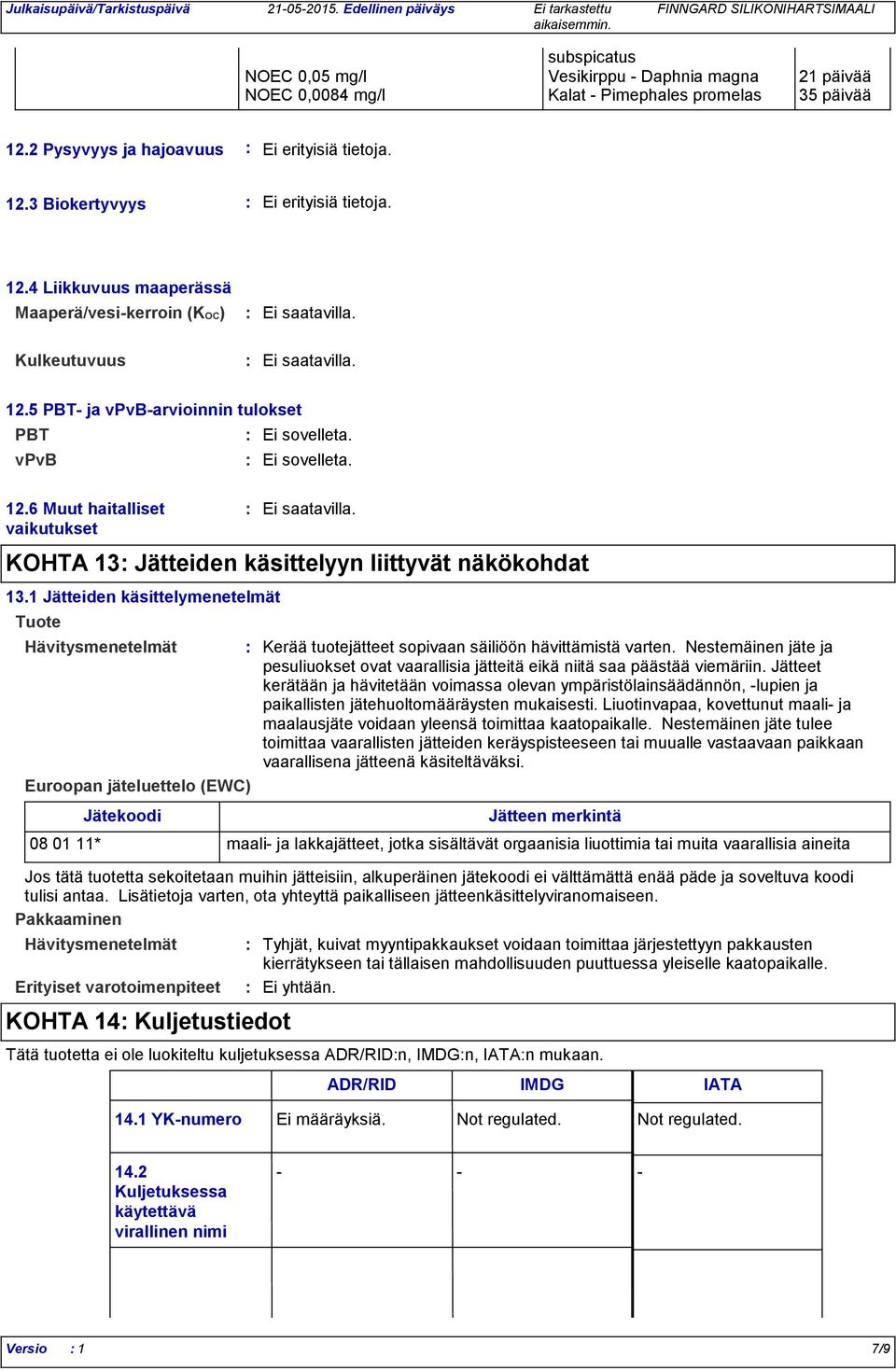 6 Muut haitalliset vaikutukset Hävitysmenetelmät Euroopan jäteluettelo (EWC) Ei sovelleta. Ei sovelleta. KOHTA 13 Jätteiden käsittelyyn liittyvät näkökohdat 13.