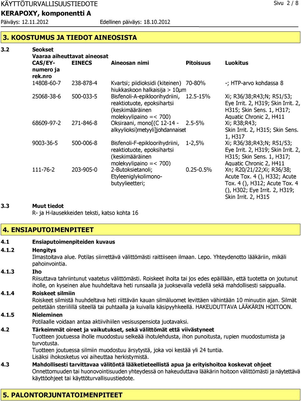 (keskimääräinen molekyylipaino =< 700) 12.5-15% Xi; R36/38;R43;N; R51/53; Eye Irrit. 2, H319; Skin Irrit. 2, H315; Skin Sens.