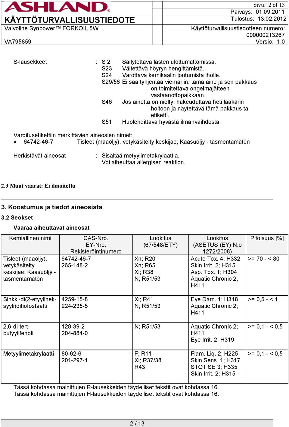 S46 Jos ainetta on nielty, hakeuduttava heti lääkärin hoitoon ja näytettävä tämä pakkaus tai etiketti. S51 Huolehdittava hyvästä ilmanvaihdosta.