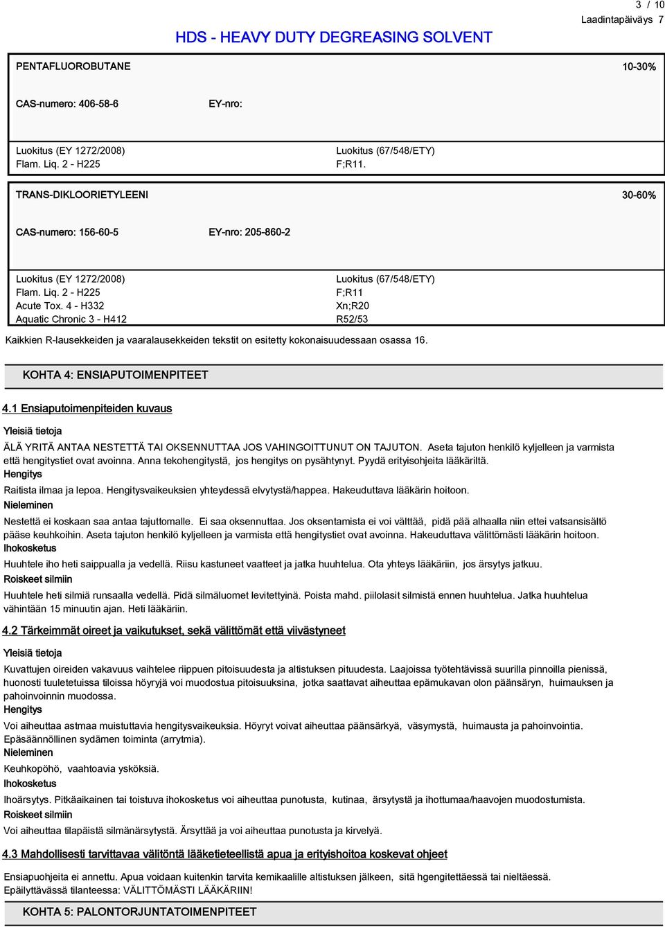 4 - H332 Aquatic Chronic 3 - H412 Luokitus (67/548/ETY) F;R11 Xn;R20 R52/53 Kaikkien R-lausekkeiden ja vaaralausekkeiden tekstit on esitetty kokonaisuudessaan osassa 16.