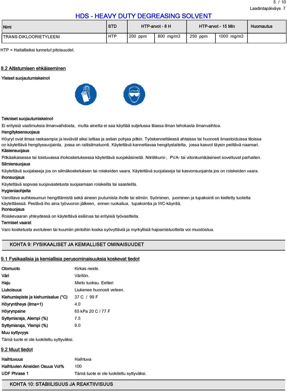 0 mg/m3 250 ppm 1000 mg/m3 HTP = Haitallisiksi tunnetut pitoisuudet. 8.