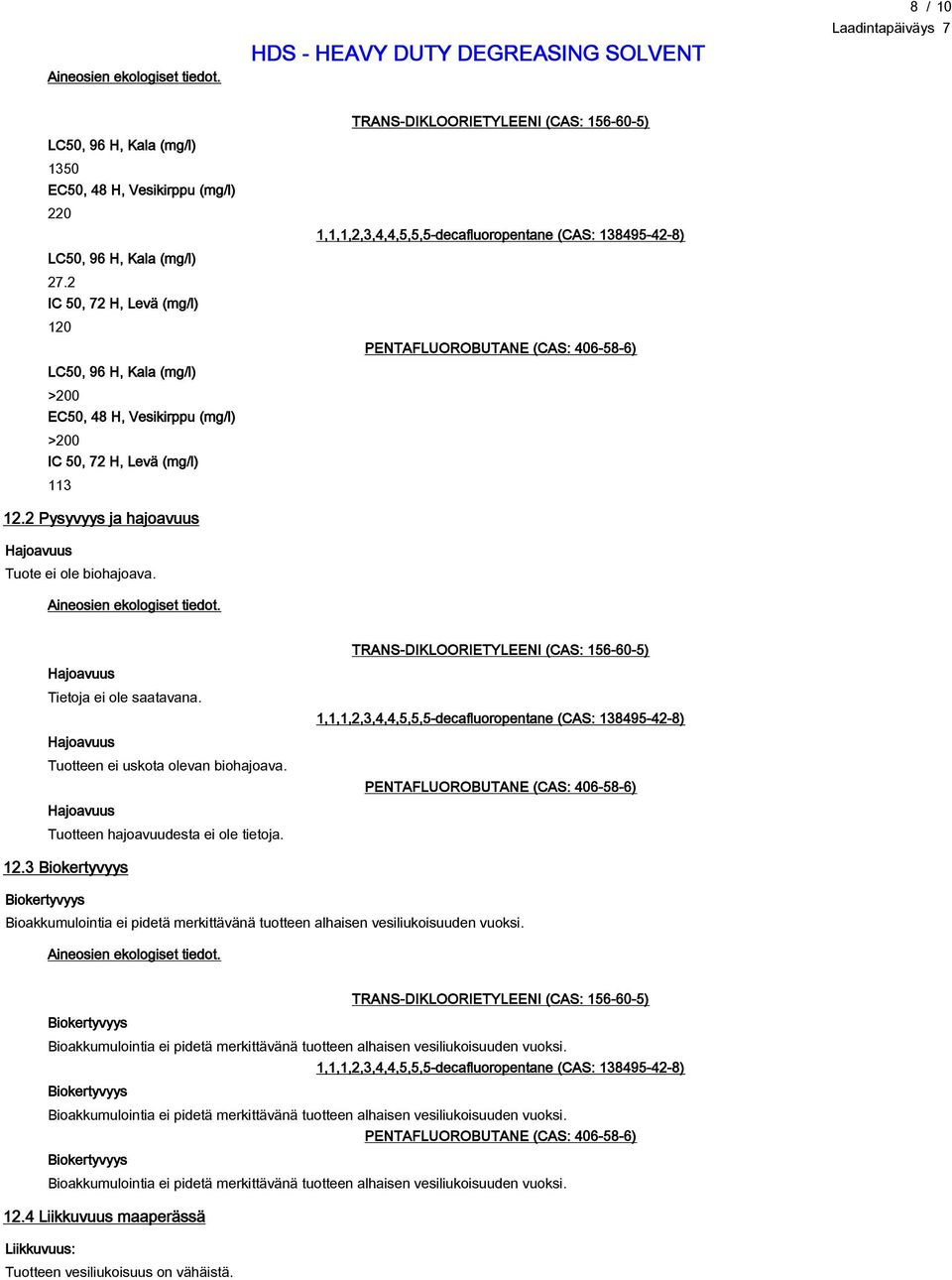 Aineosien ekologiset tiedot. 1,1,1,2,3,4,4,5,5,5-decafluoropentane (CAS: 138495-42-8) PENTAFLUOROBUTANE (CAS: 406-58-6) Hajoavuus Tietoja ei ole saatavana.