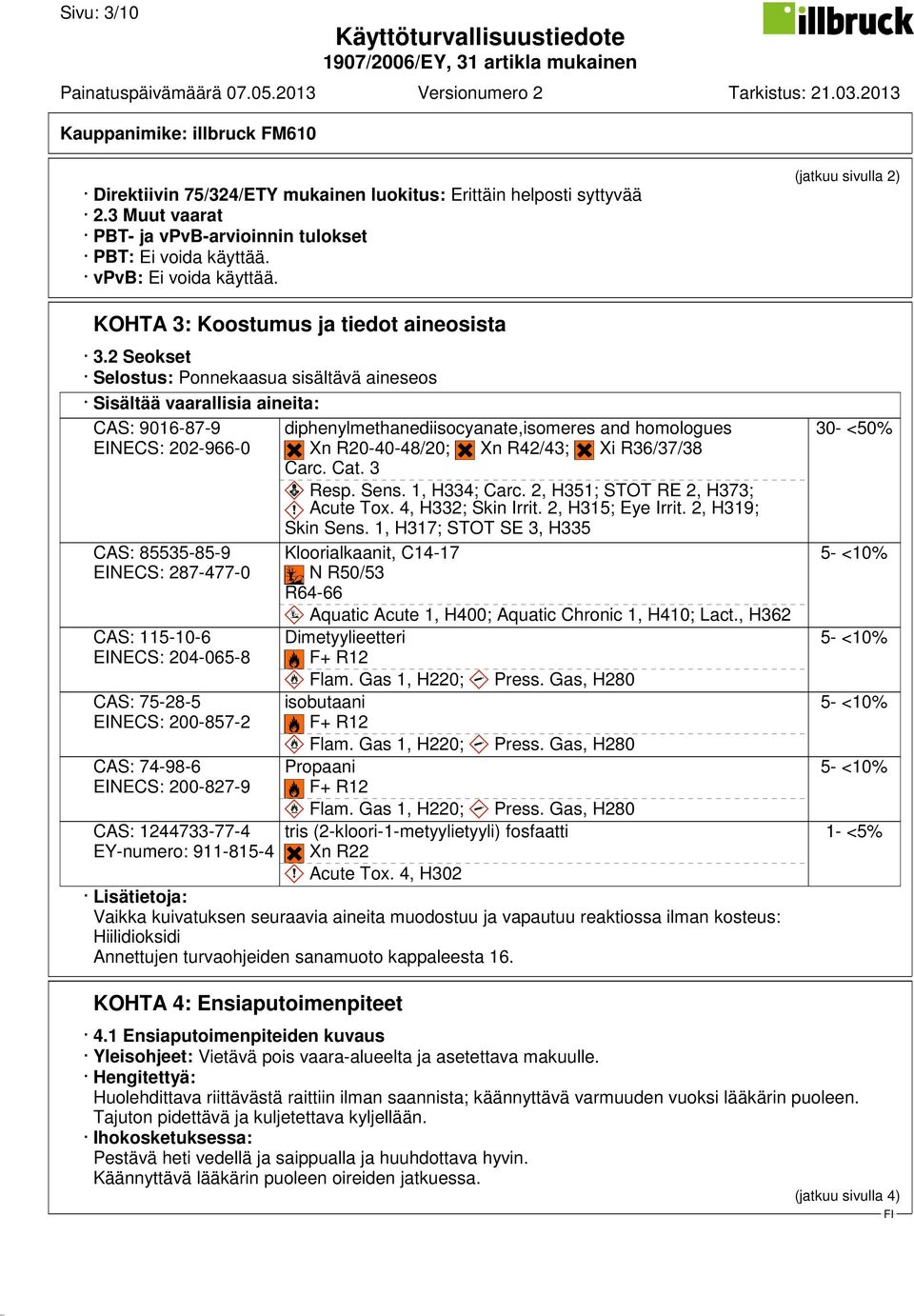 2 Seokset Selostus: Ponnekaasua sisältävä aineseos Sisältää vaarallisia aineita: CAS: 9016-87-9 EINECS: 202-966-0 CAS: 85535-85-9 EINECS: 287-477-0 CAS: 115-10-6 EINECS: 204-065-8 CAS: 75-28-5