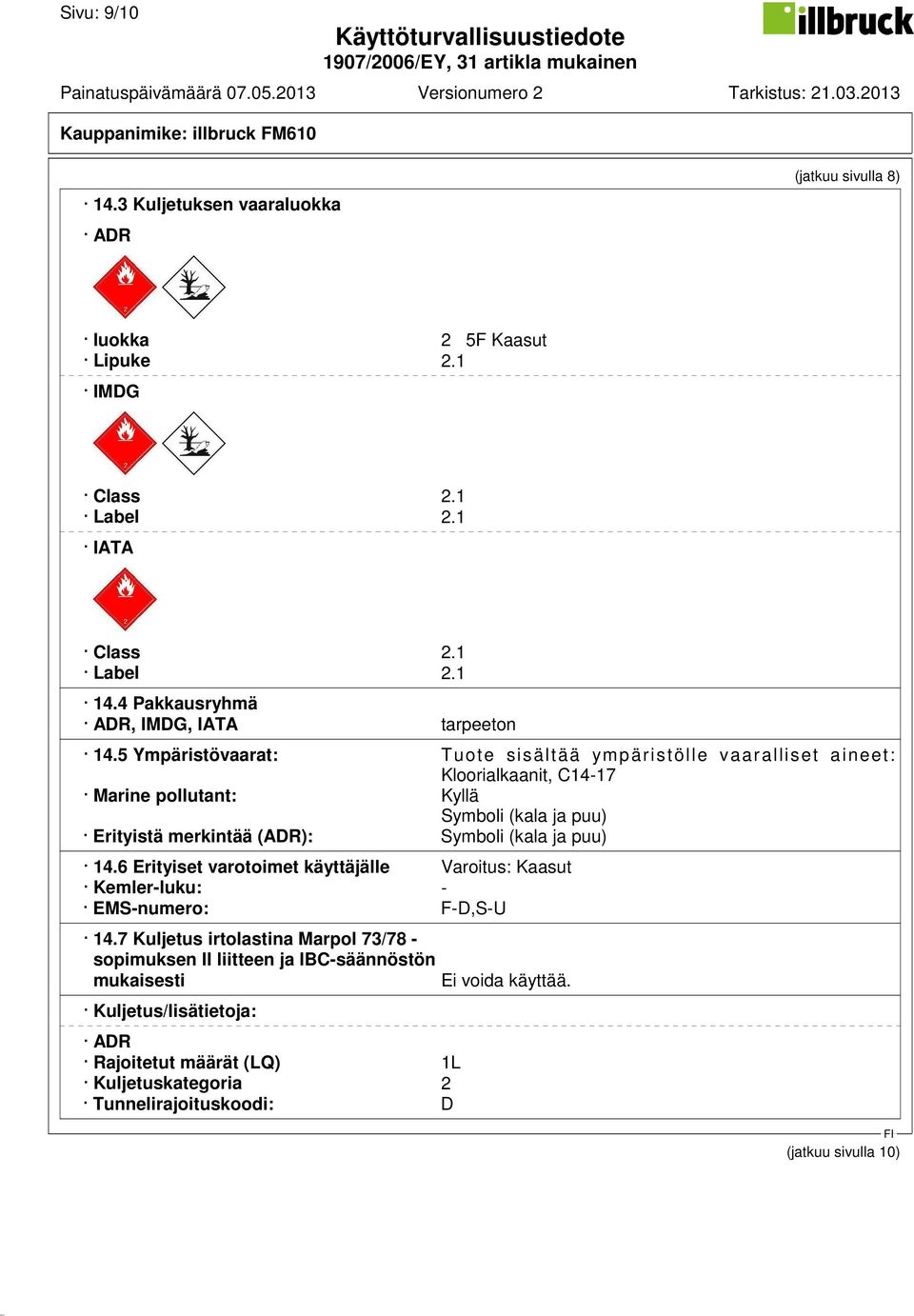 5 Ympäristövaarat: Tuote sisältää ympäristölle vaaralliset aineet: Kloorialkaanit, C14-17 Marine pollutant: Kyllä Symboli (kala ja puu) Erityistä merkintää (ADR): Symboli