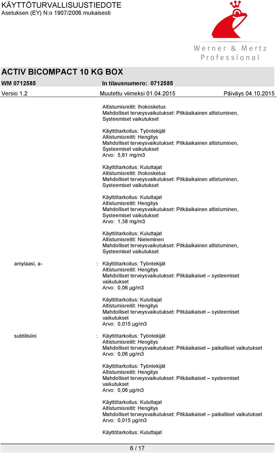 Käyttötarkoitus: Kuluttajat Mahdolliset terveysvaikutukset: Pitkäaikainen altistuminen, Systeemiset vaikutukset Arvo: 1,38 mg/m3 Käyttötarkoitus: Kuluttajat Altistumisreitit: Nieleminen Mahdolliset