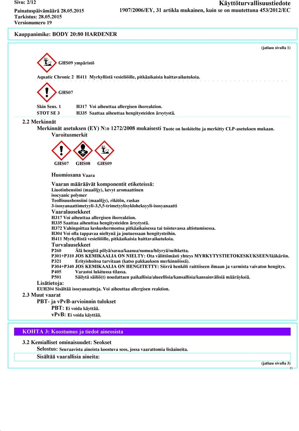 Varoitusmerkit GHS07 GHS08 GHS09 Huomiosana Vaara Vaaran määräävät komponentit etiketeissä: Liuotinbensiini (maaöljy), kevyt aromaattinen isocyanic polymer Teollisuusbensiini (maaöljy), rikitön,