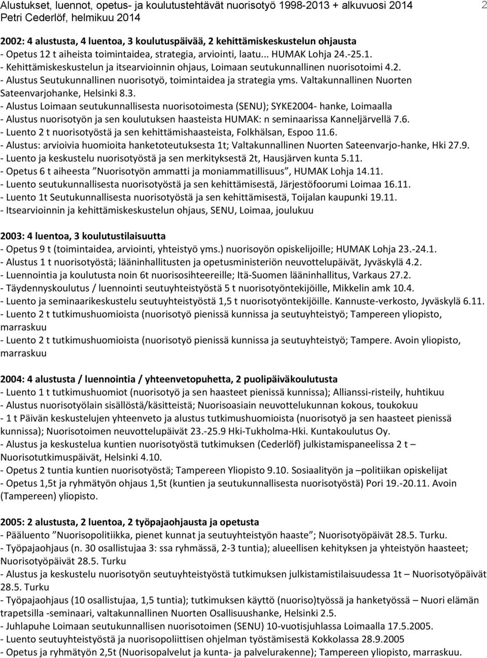 - Alustus Loimaan seutukunnallisesta nuorisotoimesta (SENU); SYKE2004- hanke, Loimaalla - Alustus nuorisotyön ja sen koulutuksen haasteista HUMAK: n seminaarissa Kanneljärvellä 7.6.