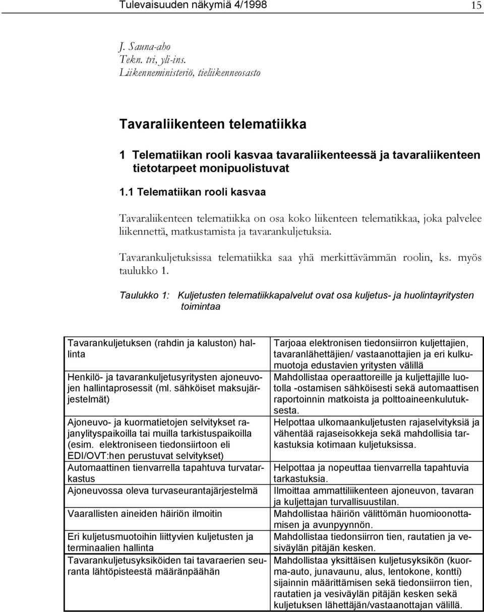 1 Telematiikan rooli kasvaa Tavaraliikenteen telematiikka on osa koko liikenteen telematikkaa, joka palvelee liikennettä, matkustamista ja tavarankuljetuksia.