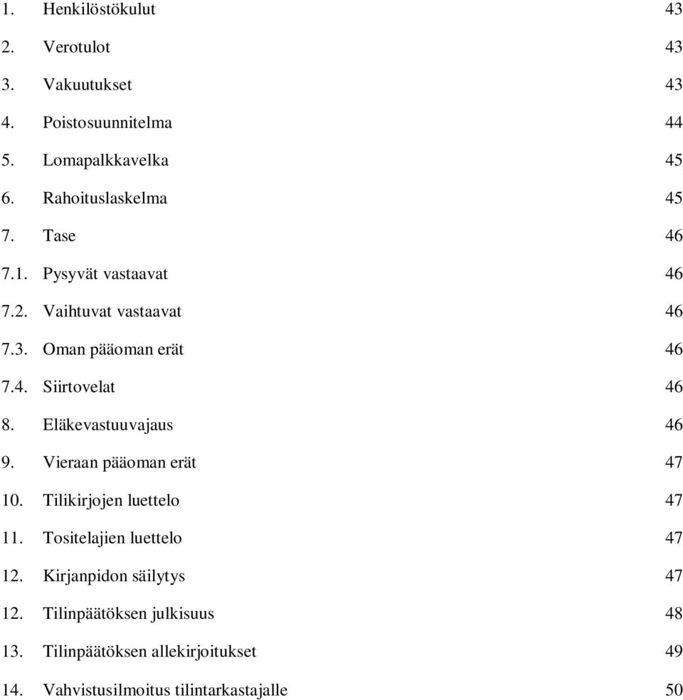 Eläkevastuuvajaus 46 9. Vieraan pääoman erät 47 10. Tilikirjojen luettelo 47 11. Tositelajien luettelo 47 12.