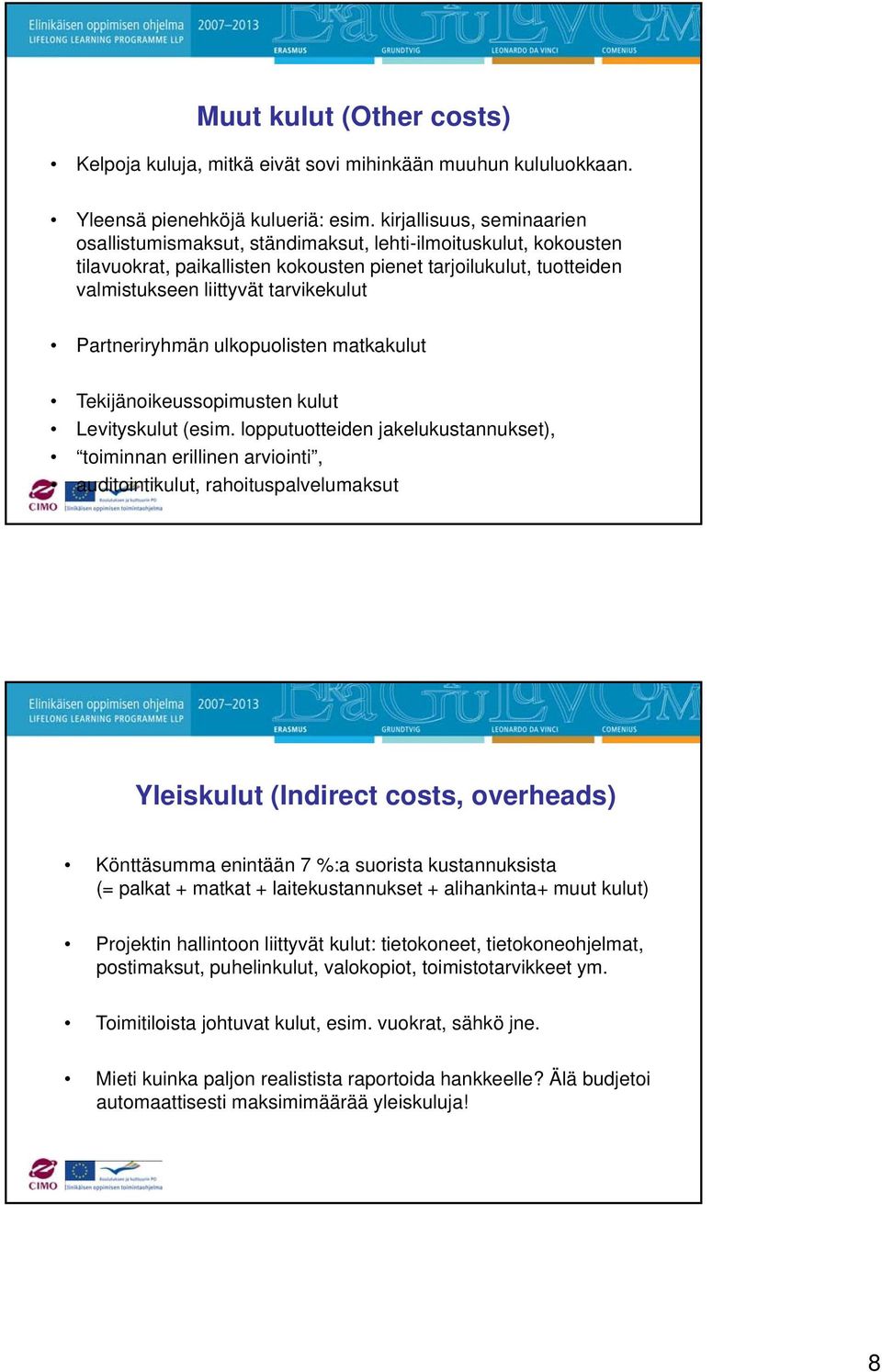 Partneriryhmän ulkopuolisten matkakulut Tekijänoikeussopimusten kulut Levityskulut (esim.