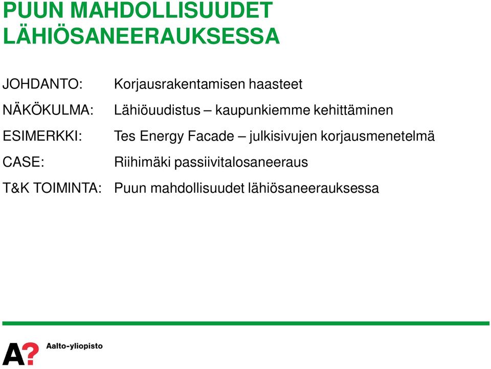 ESIMERKKI: CASE: T&K TOIMINTA: Tes Energy Facade julkisivujen