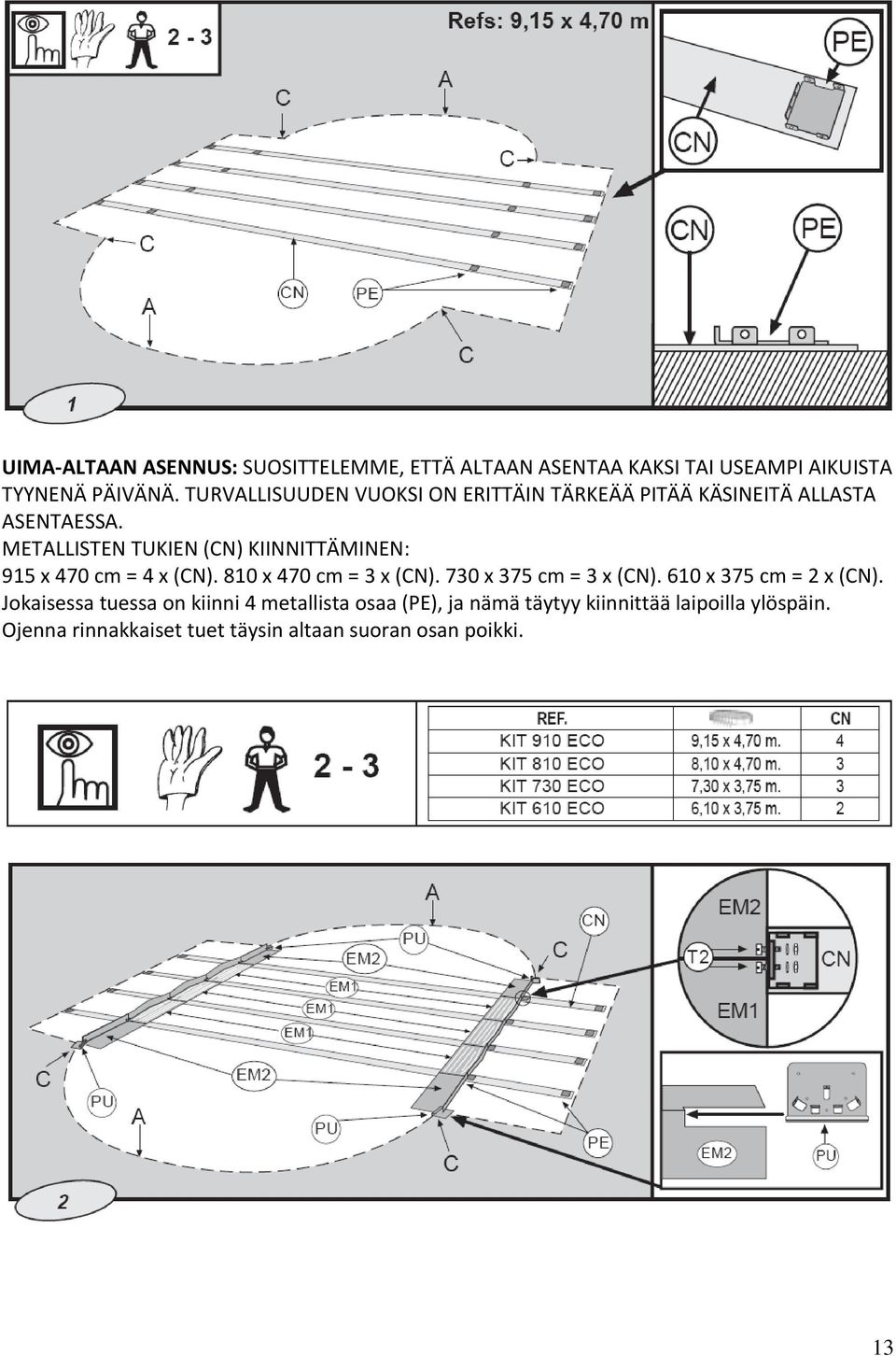 METALLISTEN TUKIEN (CN) KIINNITTÄMINEN: 915 x 470 cm = 4 x (CN). 810 x 470 cm = 3 x (CN). 730 x 375 cm = 3 x (CN).